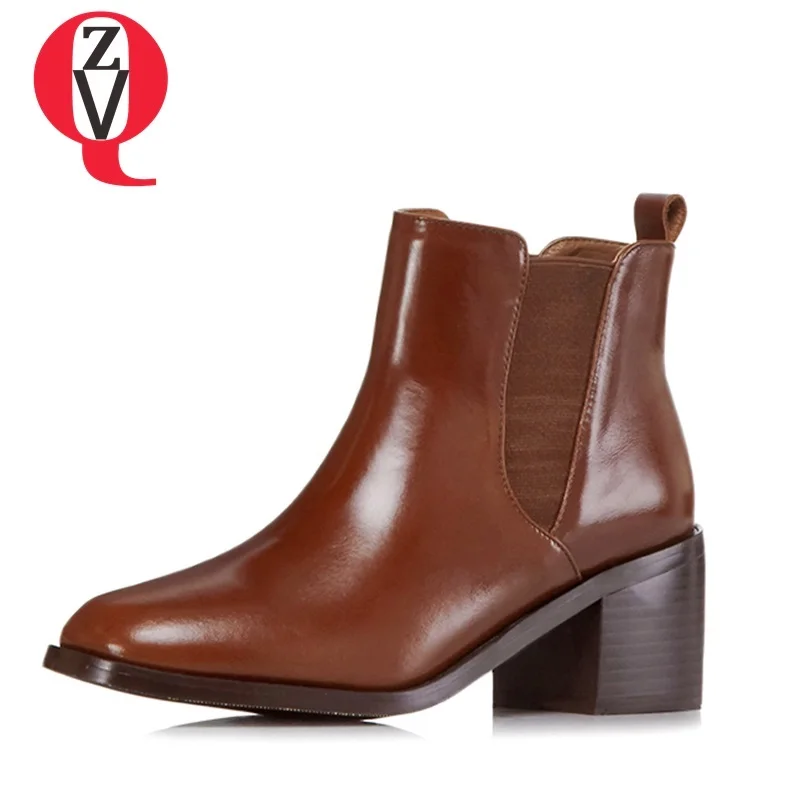 

ZVQ newest hot sale genuine leather ankle boots high square heel elastic band square toe fashion wild black winter women boots
