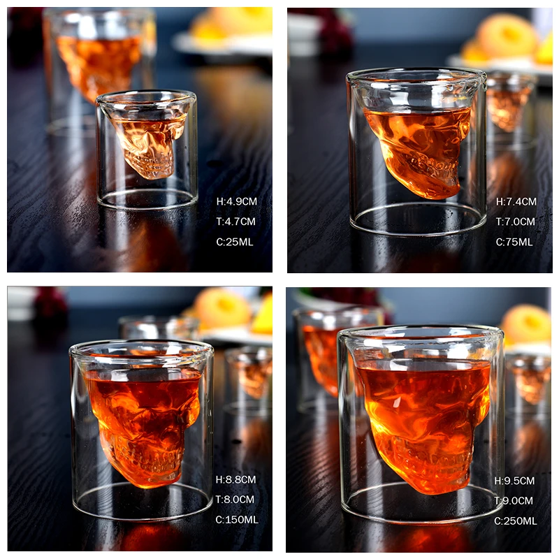 

Set of 2 / 4 pieces creative double-wall insluated liquor glass shot glasses for skull design 25/75/150/250ml