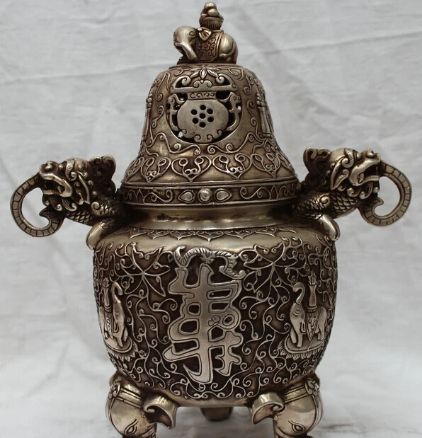 

JP S0522 9" Signed Chinese China Silver Elephant & Dragon Statue Incense Burner Censer