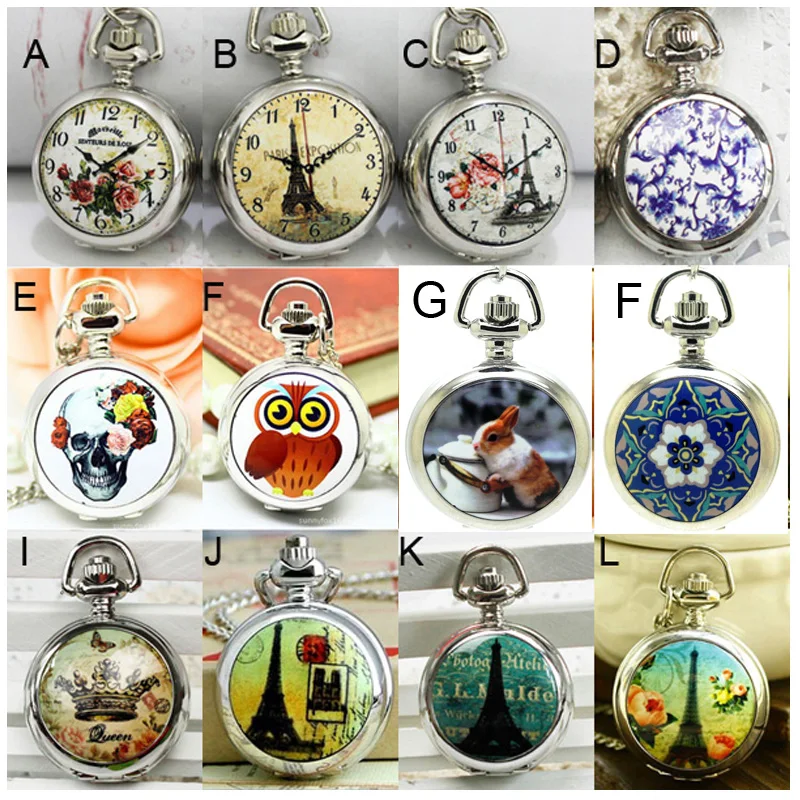 

(APW007) Ceramic Paris Eiffel Tower Pocket Watch Necklace Steampunk skull horse Pocket Watch, 12pcs/lot , Dia 2.9cm.
