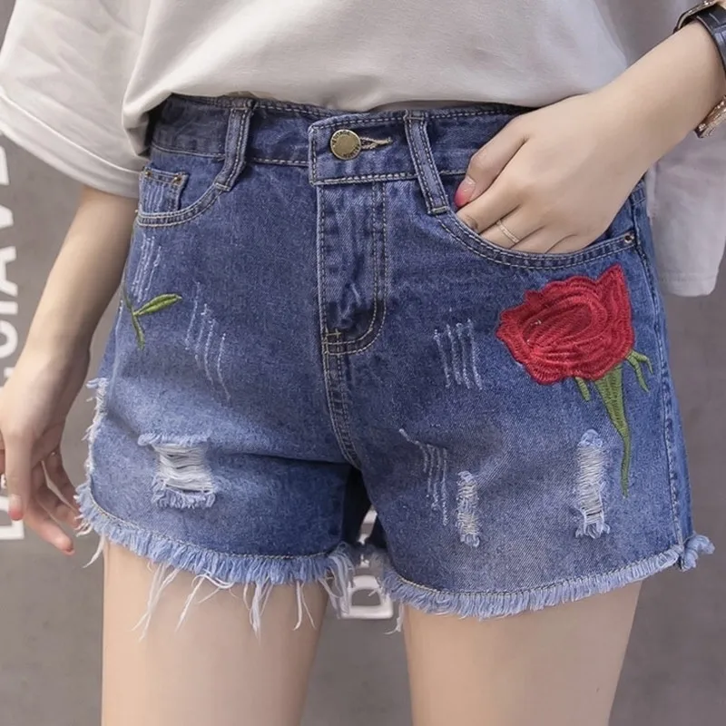 2019 harajuku Цветочные вышитые короткие с высокой талией корейский стиль женские джинсовые шорты плюс размер джинсовые короткие винтажные