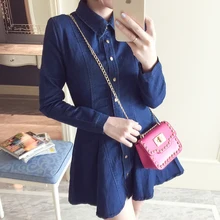 2016 Button Spring Autumn Women’s Plus Size Jeans Dress Denim Dress Long-sleeve Elastic Waist Denim Slim Waist Casual Female