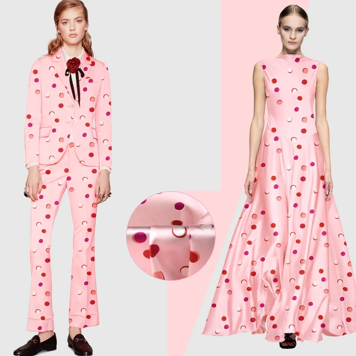 

118CM Wide 19MM 93% Silk & 7% Spandex Dots Print Stretch Pink Silk Satin Fabric for Dress Cheongsam Shirt Jacket D1003