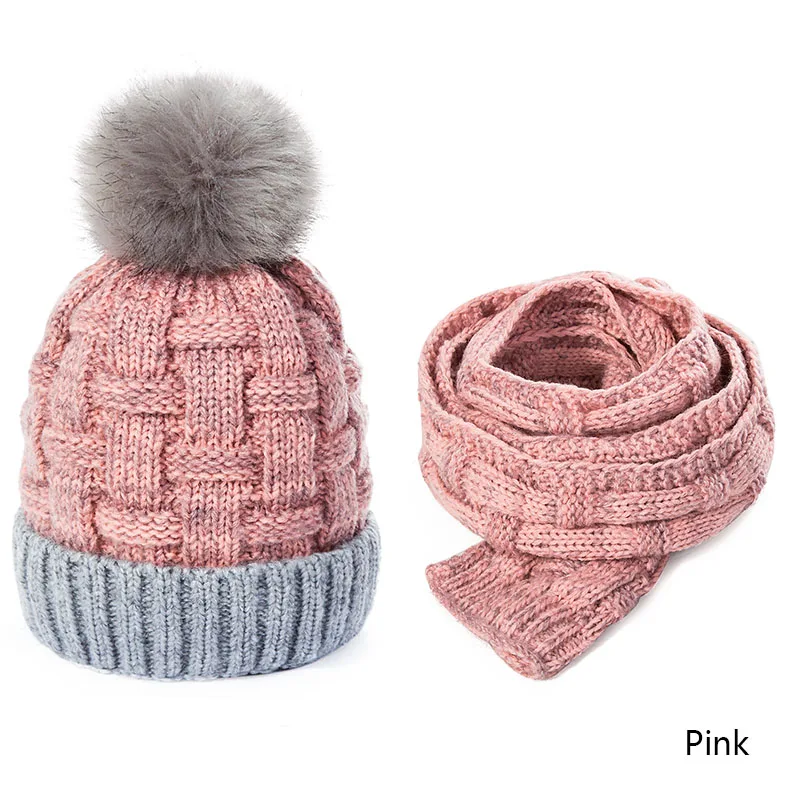 DMROLES/милые зимние шапочки; детская шапка с шарфом; Вязаная Шерстяная детская шапка для девочек и мальчиков; теплый детский набор из шапки и шарфа; унисекс - Цвет: Pink