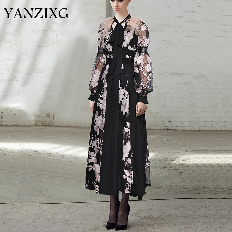 

2019 New Spring Fashion High Quality Feather Patchwork Lace Embroidery Chiffon Material Long Dress W030