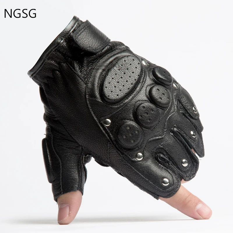 Autumn genuine leather fingerless gloves men cool rivet velcro