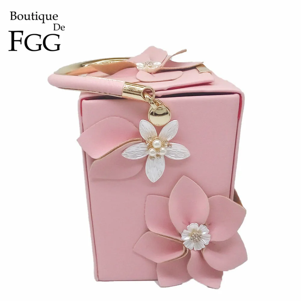 Boutique De FGG Unique Design Gift Box Shape Women Flower Clutch Evening Tote Bag Floral Beaded Wedding Handbag Purse Ladies Bag
