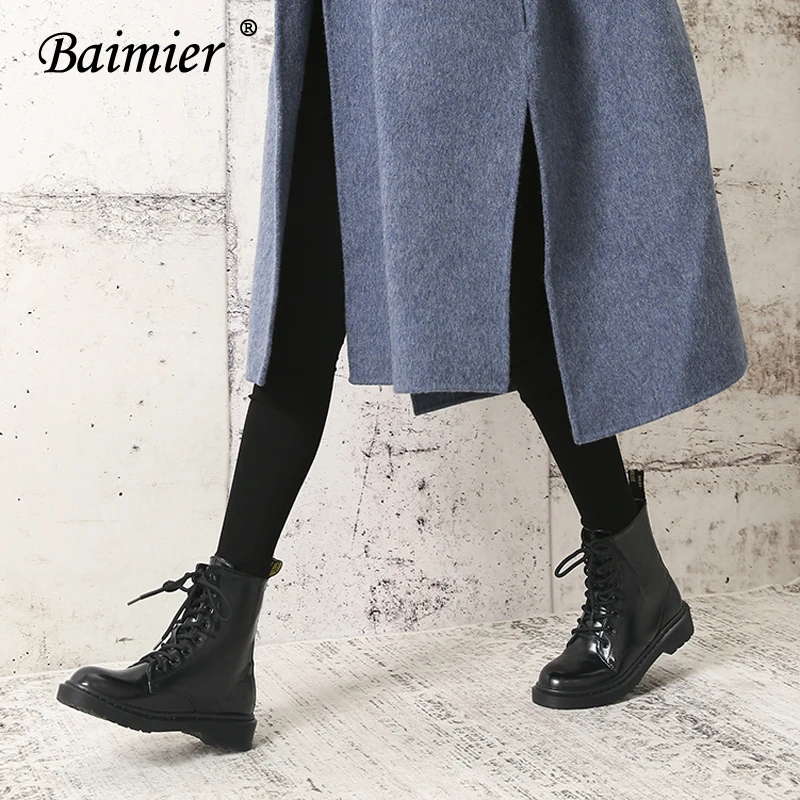 Baimier Winter Black Patent Leather Women Boots Fashion Round Toe Lace Up Ankle Boots For Women Warm Plush Women Winter Boots