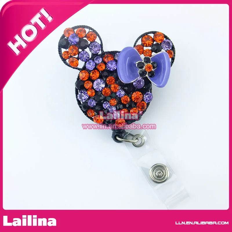 

50pcs/lot Free Shipping Crystal Rhinestone Minnie Mouse Head Retractable Badge Reel ID Holder with Clip Backing