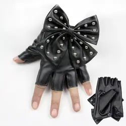 15 пар/лот SINGYOU большой бант заклепки половины палец перчатки из искусственной кожи черные пикантная танцевальная Варежки перчатки