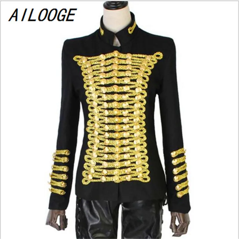 

AILOOGE 2017 Unique Runway Fashion Rock Punk Jacket Women's Wool Blends Gold Buttons Army Napoleon Jacket