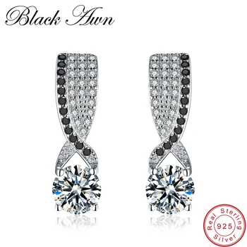 

[BLACK AWN] Genuine 925 Sterling Silver Black Spinel Stone Engagement Stud Earrings for Women Sterling Silver Jewelry T121