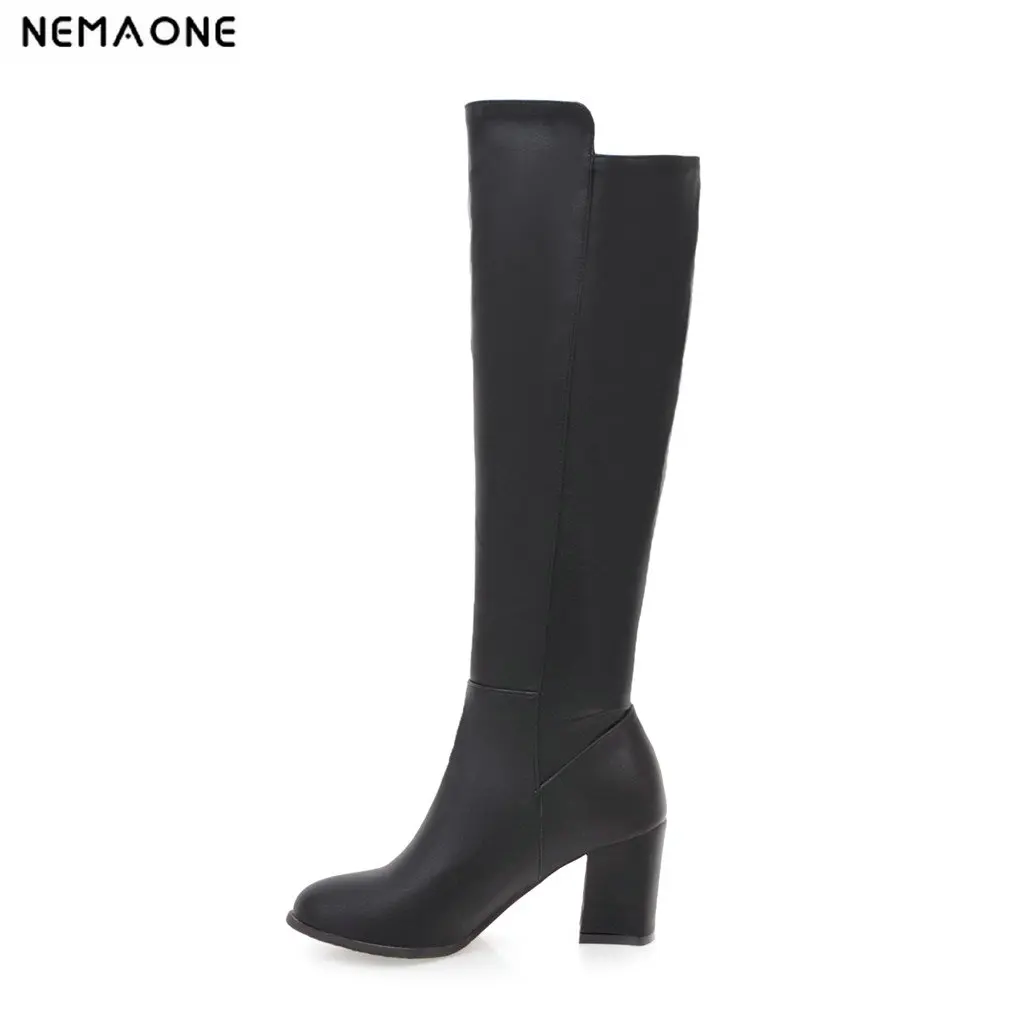 

NEMAONE women thick high heels knee high boots autumn winter boots woman office ladies led shoes large size 43