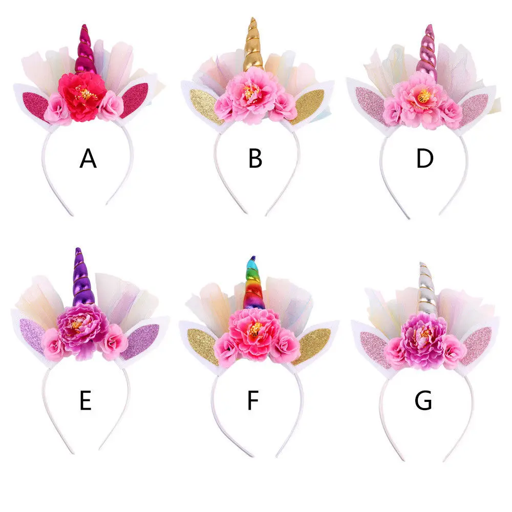 

2018 New Unicorn Horn Baby Kid Flower Crown Headband Birthday Party HairBand Headwear