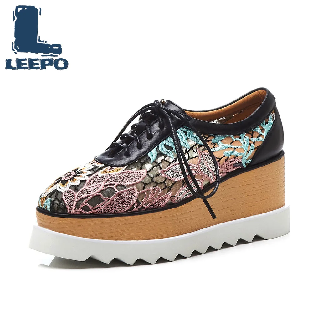 

LEEPO Women Flat Platform Flower Shoes Woman Luxury Handmade Genuine Leather Air Mesh Lace-Up Shoe Lady Platform Embroider Flats