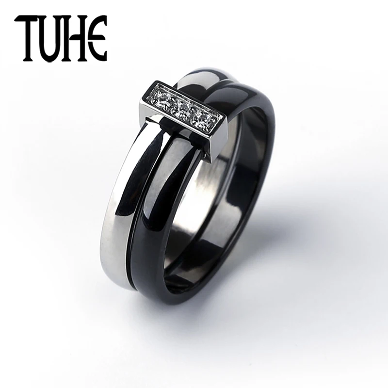 

Classic Double Circle Ring Black White Ceramic Ring With Stainless Steel Ring Crystal For Women Jewelry Made By Healthy Material