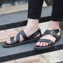 Сандалии Для мужчин мода горячее предложение Летние черные из натуральной кожи в британском стиле Для мужчин s гладиаторы