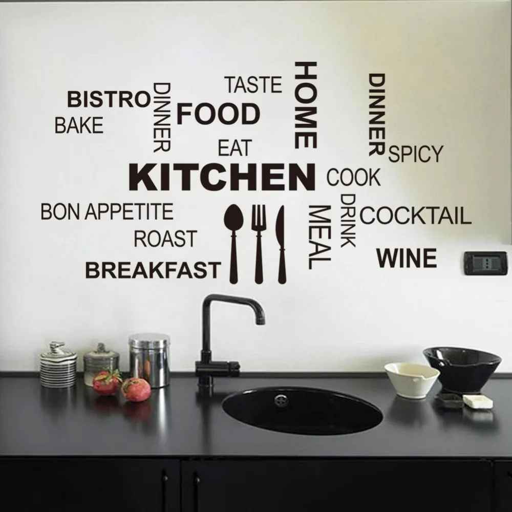 

Creative Quotes Patterns Knife fork spoon COOK BON APPETITE WINE for Kitchen room wall stickers cute vinyl Home Decoration