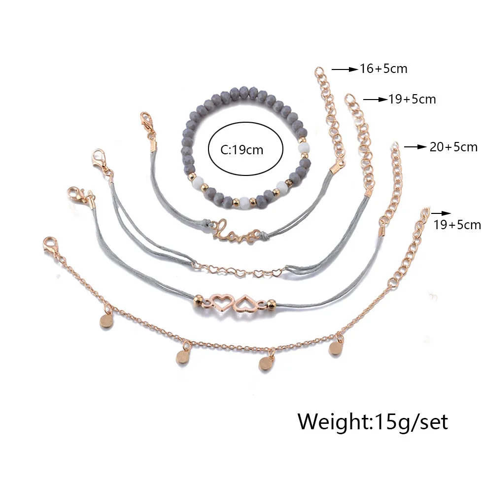 Браслеты с подвесками в богемном стиле, черепаха, сердце, лотос, открытые браслеты-манжеты для женщин, модные браслеты в форме листьев, капли воды, Набор браслетов, ювелирный подарок - Окраска металла: 5pcs hollow heart