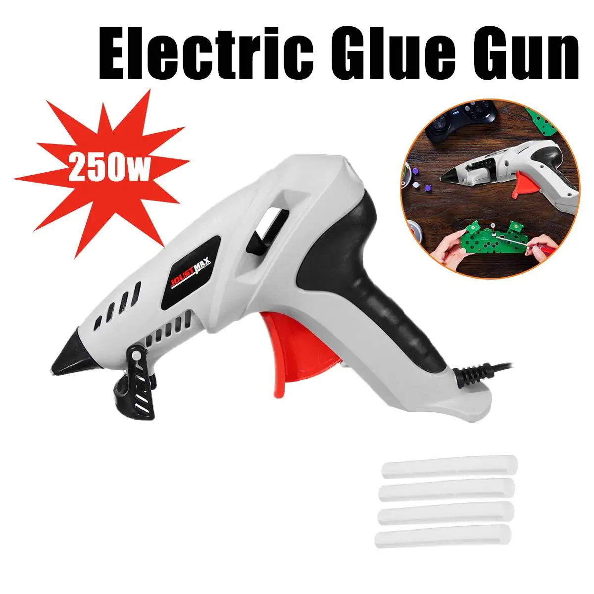 

250W Hot Melt Glue Electric Trigger Adhesive Crafts Graft Repair Tool Heat-Gun with 11mm Free Glue Sticks