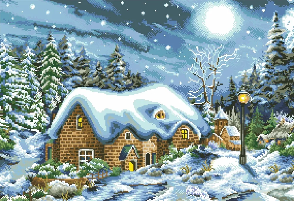 

Needlework,11ct/14ct DIY Cross stitch,Sets For Embroidery kit,Winter Snow House Night Landscape Pattern Cross-Stitch Wall Decor