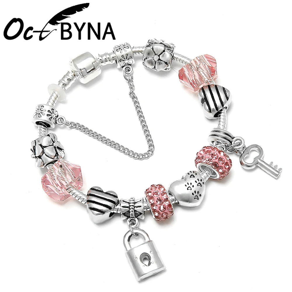 OCTBYNA Романтическая любовь Серебряный цвет DIY Амулеты Браслет Любовь Сердце ключ и