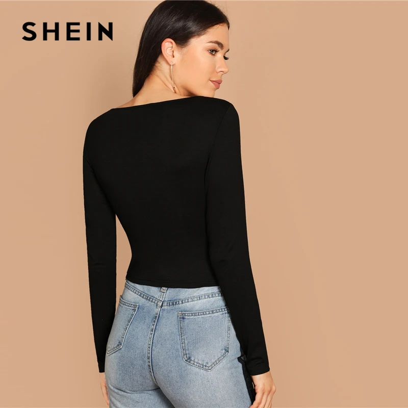 SHEIN Футболка С V-Образным Вырезом Облегающий Топ Женский Осенний Черный Элегантный Топ С Длинными Рукавами