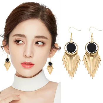 

Korean version of tasseled geometric Earrings temperament net red long round eardrop elegant retro goddess