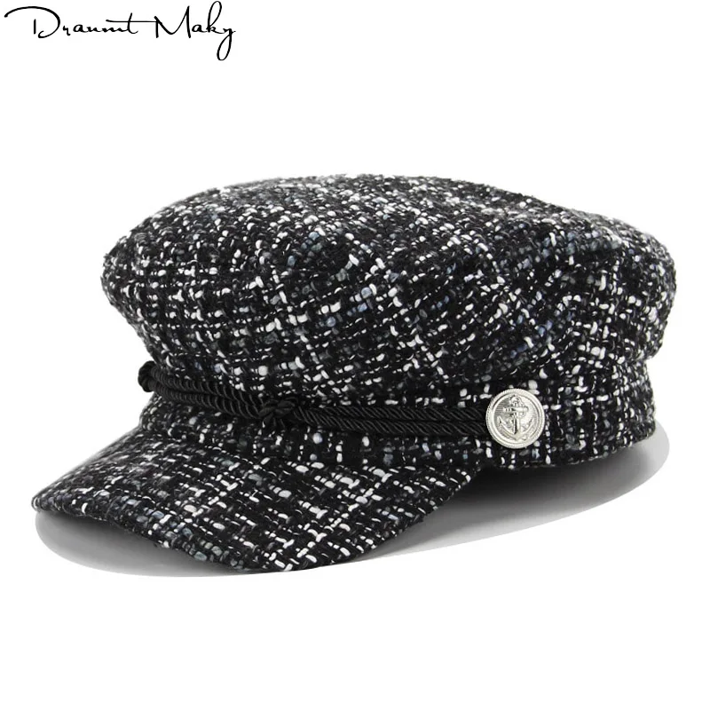 

2019 Fashion Solid Visor Military Hat Autumn and Winter Vintage wool Patchwork Beret Cap For Women England Style Flat Cap