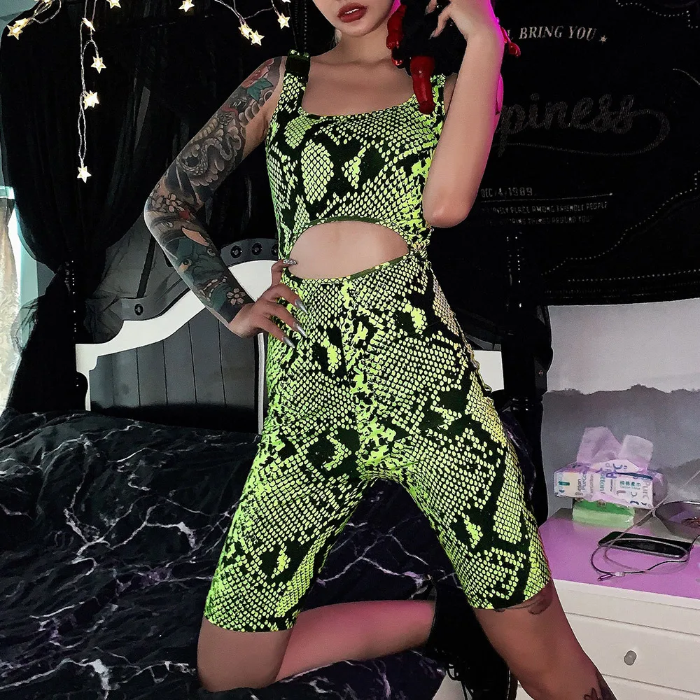 Auyiufar Snake Jumpsuit Cut Out Green Overalls Body for Women Elastic Buckle Bodysuit Sleeveless Short Bodys Streetwear Playsuit Auyiufar Snake Jumpsuit Cut Out Green Overalls Body for Women Elastic Buckle Bodysuit Sleeveless Short Bodys Streetwear Playsuit