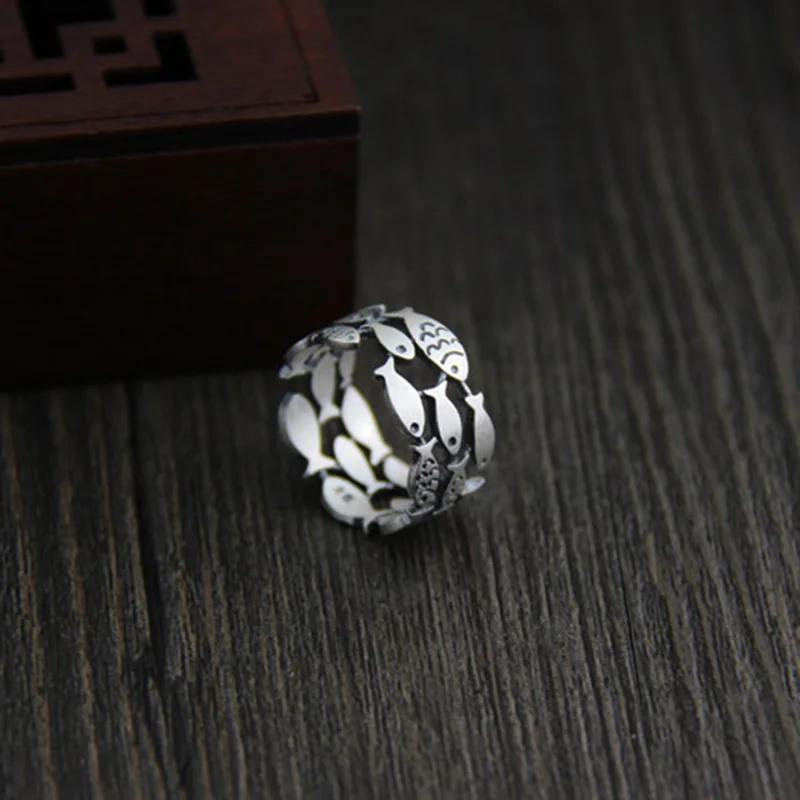 Skup Trzy rzędy Hollow pływanie ryby pierścień zwierząt gwarantowana 925 Sterling Silver Rings dla kobiet Antique matowy przetwarzania biżuterii