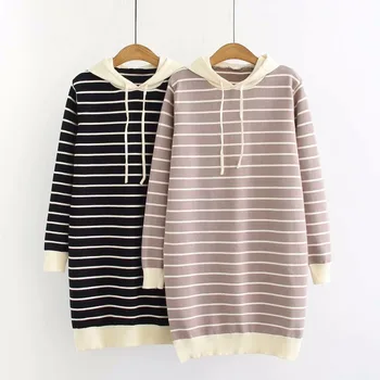 

Autumn Black Striped Knitting Pullover Sweaters Plus Size Woman 2018 Hooded Pink Basic All Match Knit Pullovers Sweaters Tops