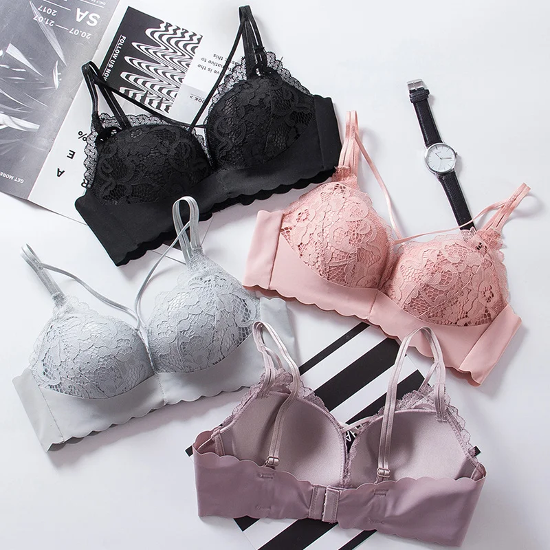 

DERUILADY Front Cross Wireless Lace Bra Sexy Lingerie Comfort Wireless Push Up Bra Adjusted Underwear Female Seamless Bralette