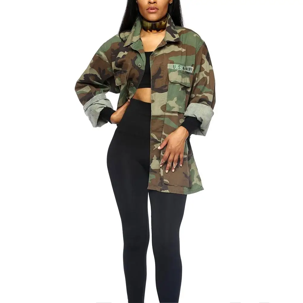 

Fashion Camouflage Women Turn Down Collar Long Sleeve Jacket Coat Club Outwear