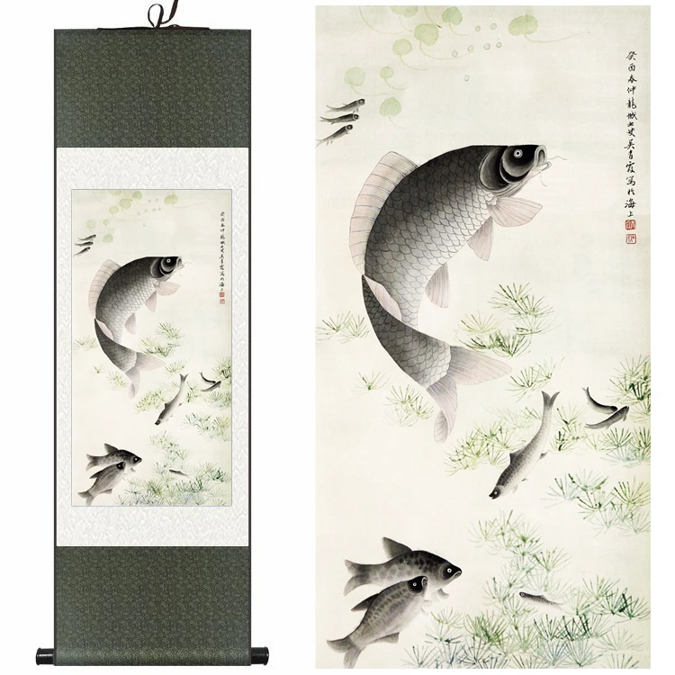 

Chinese Silk watercolor ink rich fish goldfish carp animal art canvas wall picture feng shui damask framed scroll painting