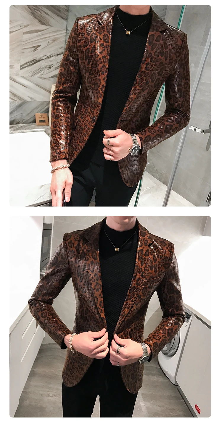 Autumn Leopard Print Mens Blazer Skin Suit Jacket Leather Stage Costumes For Singers Loose Coat Blaser Homens Terno Masculino