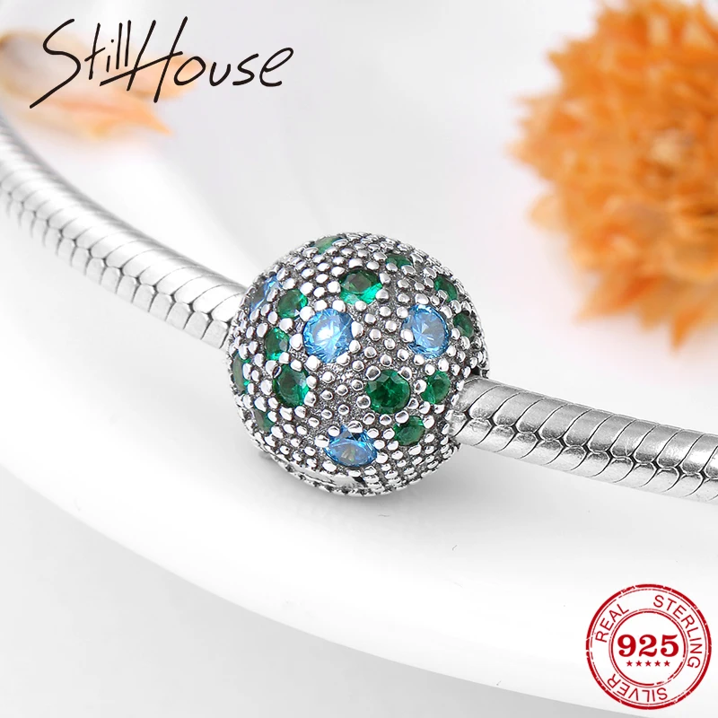 

Real 925 Sterling Silver Charm Green Blue CZ Round Diy Clips Beads Fit Original Pandora Charms Bracelet Fashion Jewelry Making