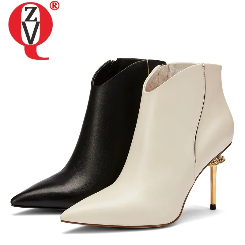 

ZVQ woman shoes winter new fashion sexy pointed toe genuine leather warm ankle boots outside high heels zip shoes drop shipping