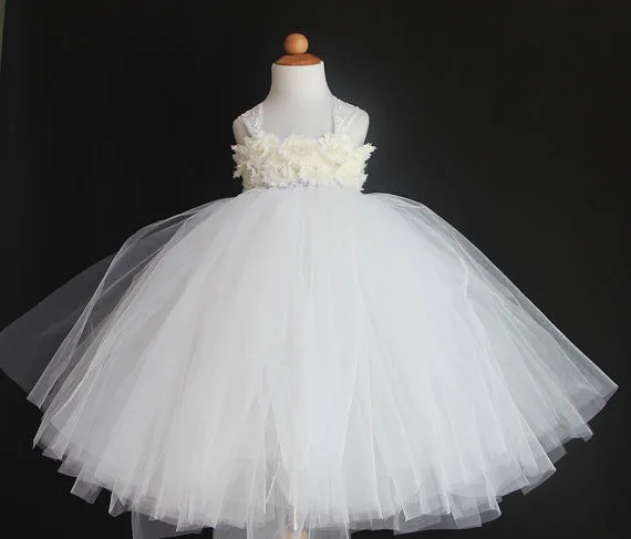 Белое кружевное свадебное платье для девочек, детские пушистые цветные балетные пачки, бальное платье с лямками и повязкой на голову, детское платье для свадебной вечеринки - Цвет: Белый