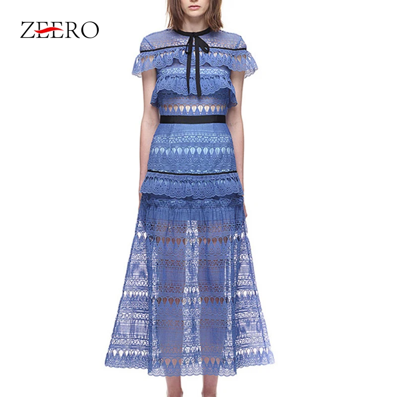 

Dress Women 2019 New Summer Self Portrait Runway Lace Patchwork Hollow Out Cloak Sleeves Long Dress Elegant Party Club Vestidos