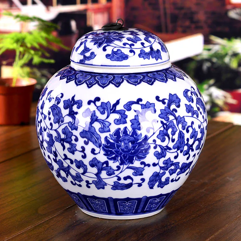 Chinese Reproduction ceramic ginger jar vase Antique Porcelain temple jars home decoration large blue and white ginger jars (2)
