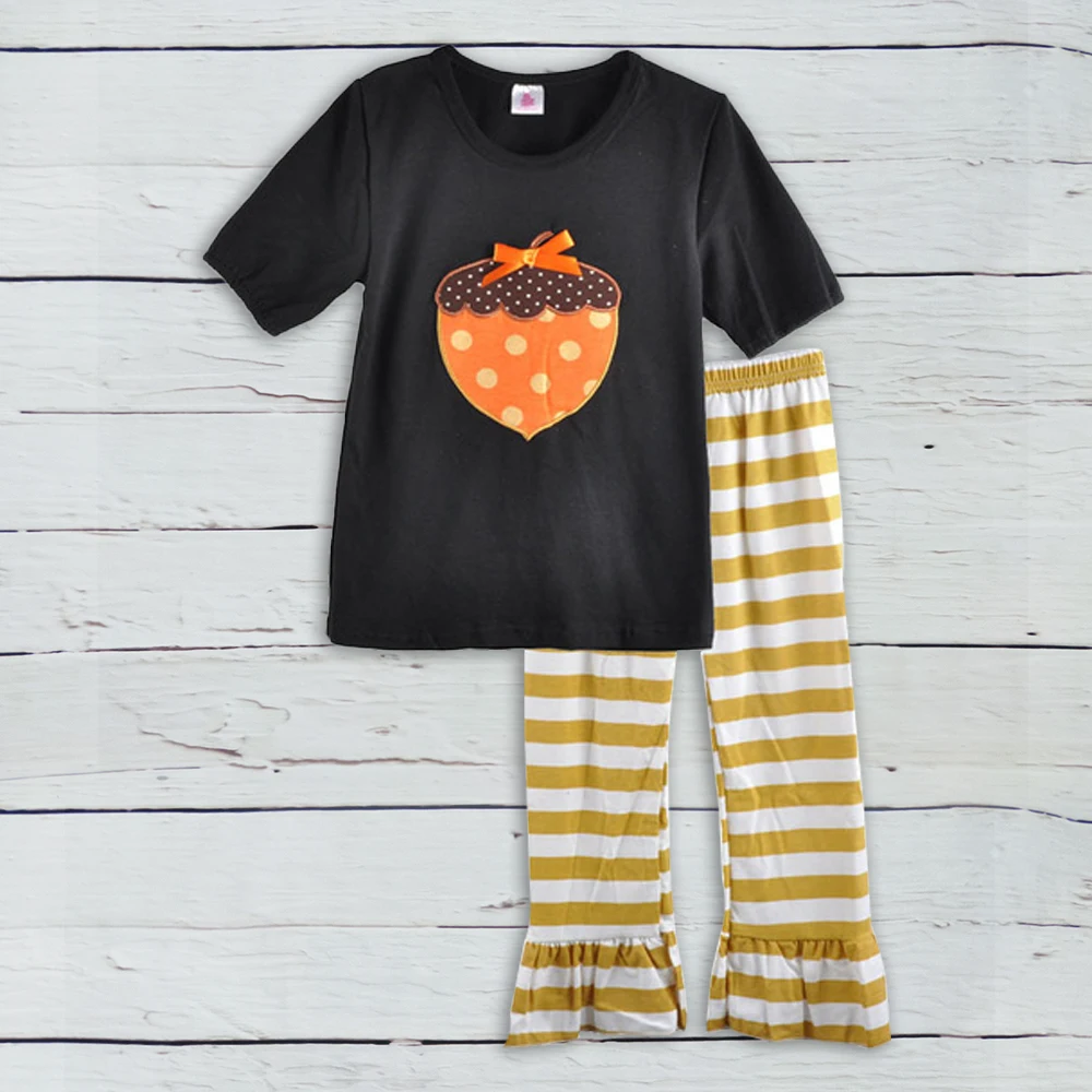 

Retail Wholesale Spring Fall Cheap Outfit Pumpkin Pattern Boutique Cotton Halloween Baby Girls Clothes Sets H021