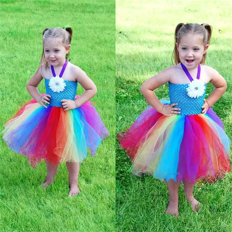 

2017 New Baby Girls Fluffy Rainbow Tutu Dress Summer Dresses Colorful Cheap Girl Dress Hot Cartoon Costume Girls Birthday Gift
