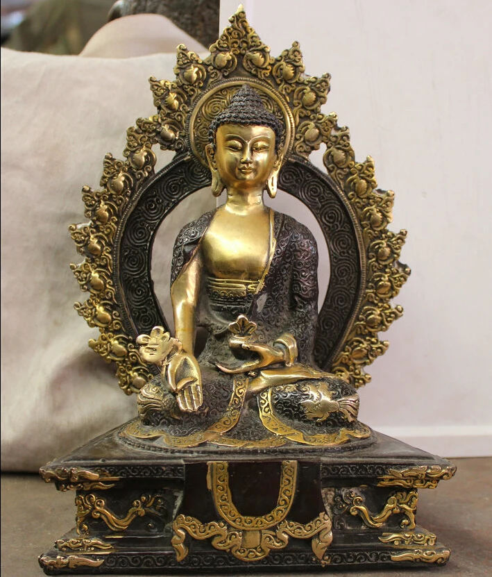 

10" Tibet Buddhism Bronze Menla Medicine Buddha medical God Backlight Statue