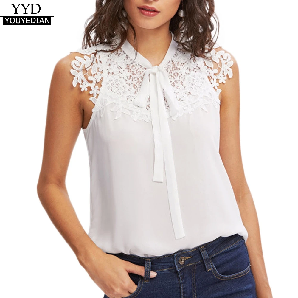 

Summer 2018 Womens Tops and Blouses Chiffon Tunic Lace Patchwork Sleeveless Tee Shirts Front Tie Office Top Women Clothes