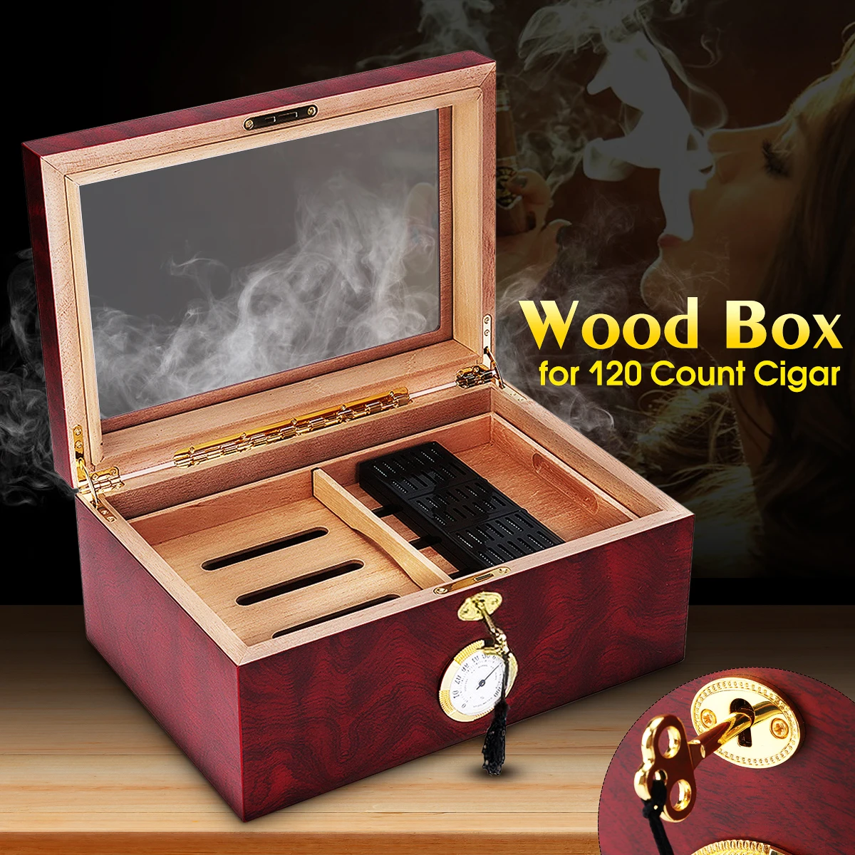 YKPuii Portable Brown Cigar Case Cedar Wood Wooden Cigar Storage Box with Humidor Humidifier Keys Cigar Accessories