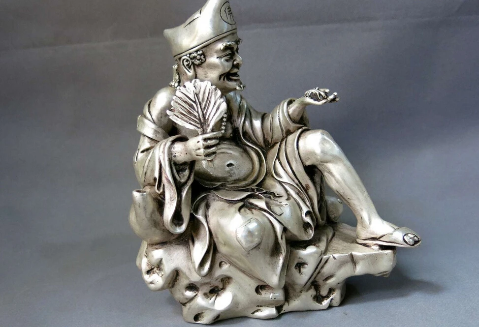 

9" China silver carved buddhism lucky Jigong buddha kill demon sculpture Statue