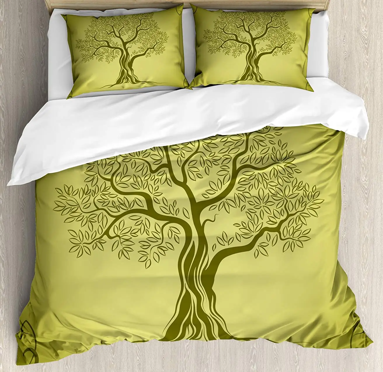 

Olive Green Duvet Cover Set Mediterranean Olive Tree Silhouette with Ornamental Frame Nature Inspirations 3 Piece Bedding Set