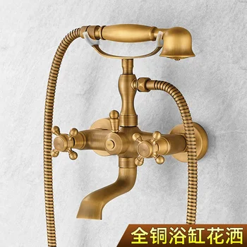 

Bathroom Shower Faucet Set Wall Mounted Antique Copper Phone Style Ceramic Handheld Shower Single Handle