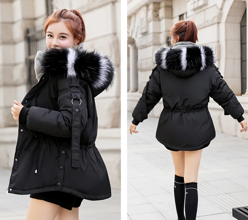 Корейский стиль, зимняя куртка для женщин, с капюшоном, с меховым воротником, верхняя одежда, с хлопковой подкладкой, Женская парка, короткое пальто, модное
